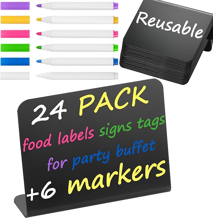 Herda 24 PCS Food Labels for Party Buffet 4"x3" Mini Chalkboard Signs for Birthday Bakery Place Cards Name Cards Food Tags for Wedding Table Signs Chalkboard Labels Includes 6 Wet Erase Markers