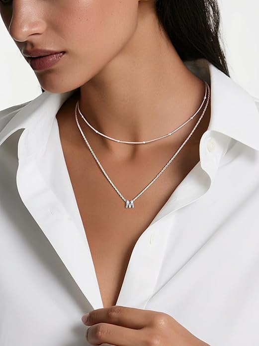 ChicSilver Layered Initial Necklace for Women, 925 Sterling Silver Personalized Letter A-Z Pendant Necklaces, Hypoallergenic Silver Choker with Adjustable 16" Rolo Chain, Dainty Birthday jewelry