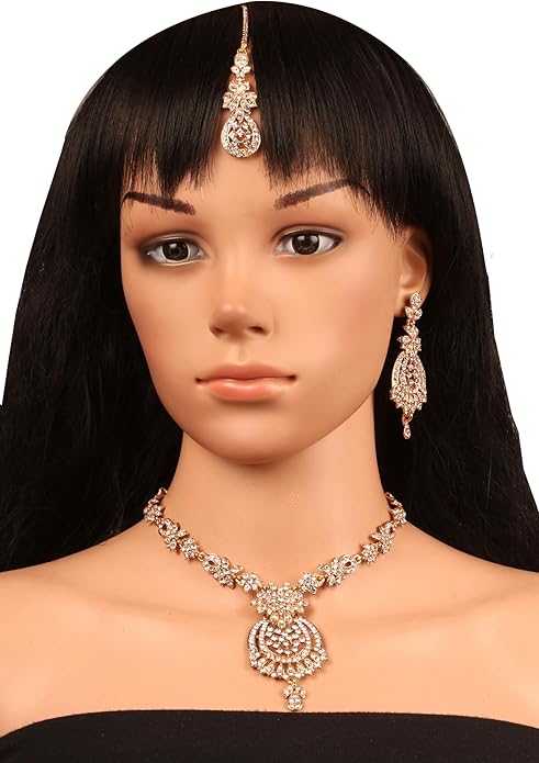 Touchstone Indian jewelry sets for women maang tikka wedding guest gold necklace bollywood jewellery set pageant elegant prom bride accessories western crystal chunky rhinestone necklaces