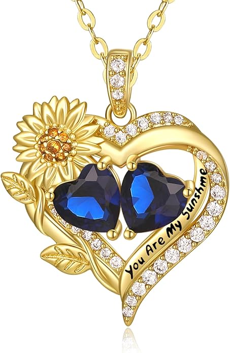 Sunflower Heart Necklace for Women 14K Gold Exquisite Valentines Day Anniversary Birthday Gifts for Wife Mother Her Double Birthstone Pendant Jewelry‘You Are My Sunshine’
