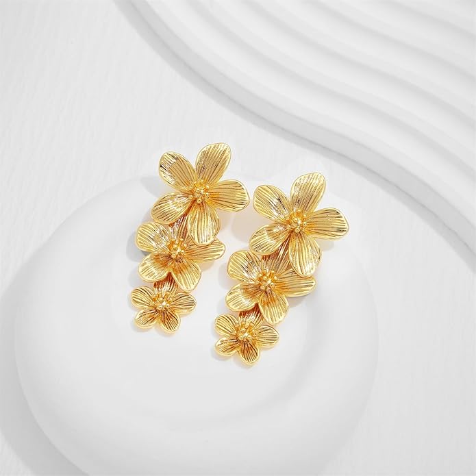 Flower Earrings for Women,Boho Statement Large Double Flower Earrings Trendy Chunky Floral Stud Earrings Elegant Chic