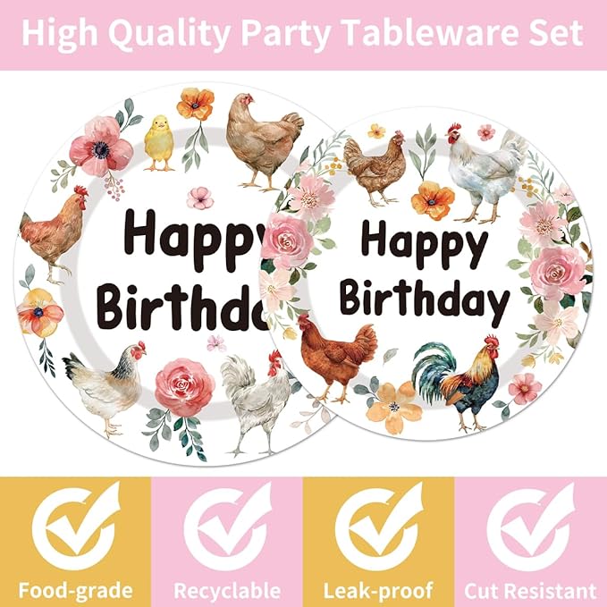 96Pcs Chicken Birthday Party Decorations Disposable Tableware Set - Floral Chick Hens Happy Birthday Paper Plates Napkins Forks Rustic Flower Poultry Dessert Farmhouse Party Supplies Serve 24 Guests