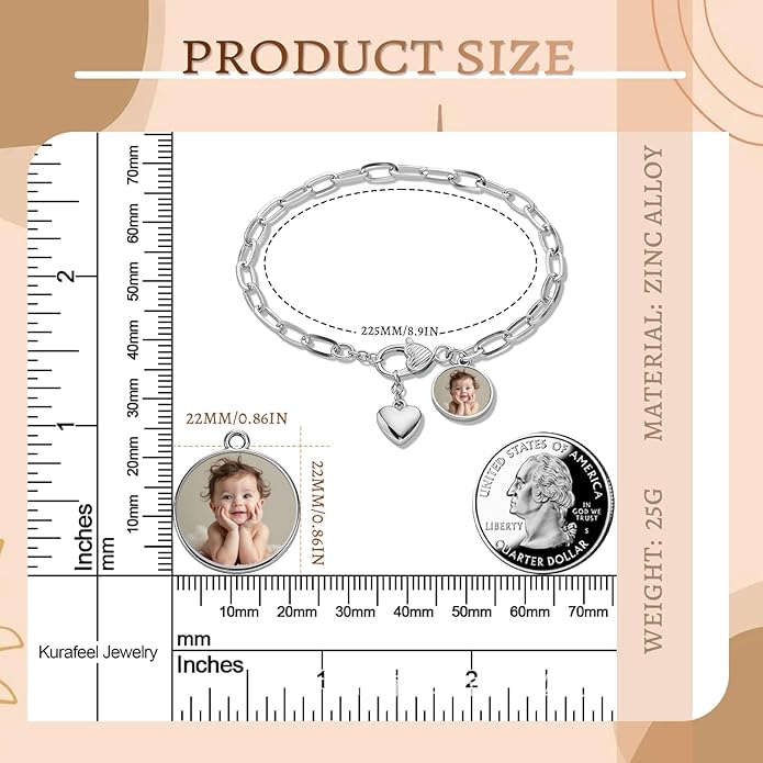 WBW Custom Photo Charm Bracelet for Women Personalized Picture Bracelet with Cute Heart Pendant Customizable Jewelry Chain Name Date Text Valentine‘s Day Gift for Her Girlfriend Wife
