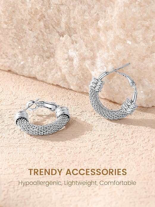 KeyStyle Mesh Hoop Earrings for Women, Stainless Steel Gold Hoops Earring Lightweight Loops, 2MM Thick Hypoallergenic Circle Endless Hollow Hoop 20mm-80mm