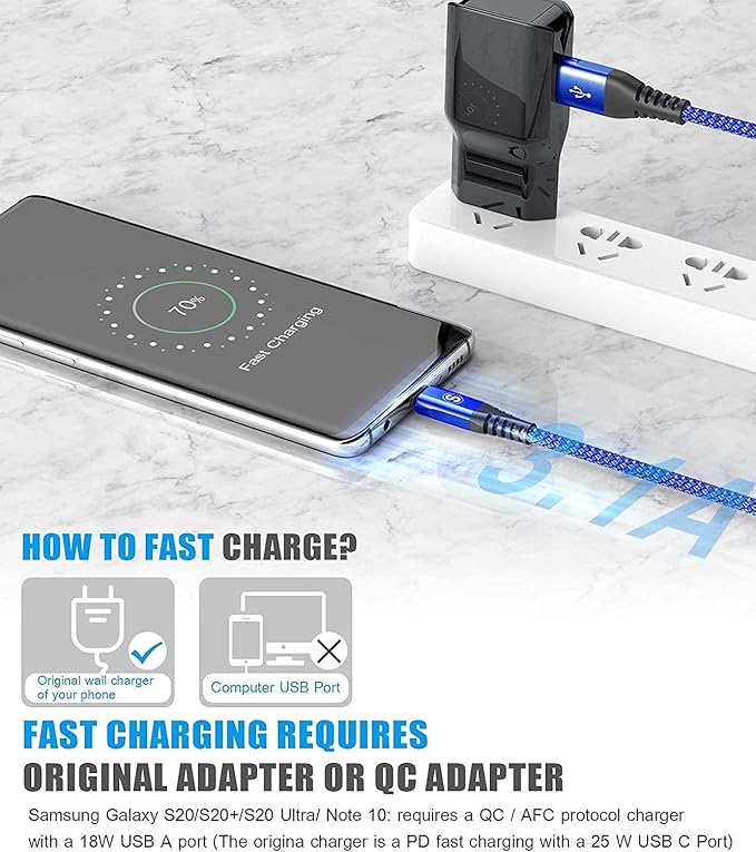 sweguard USB Type C Charger Cable [3-Pack,10ft+6.6ft+3.3ft] iPhone 15 Charger Nylon Braided Cord for iPhone 15 Pro Max Samsung Galaxy S23 S22 S21 S20 S10 Note 20 10 Flip A53 A54 Pixel LG Moto PS5-Blue