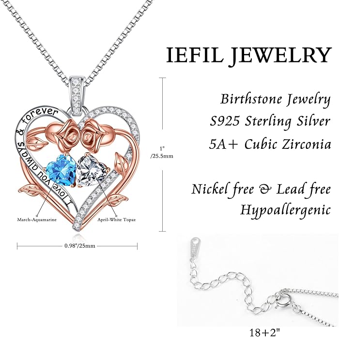Iefil Valentines Gifts for Her Wife Women - Rose Heart Double Birthstone Necklace Gift for Wife Girlfriend Her Women, Birthstone Jewelry Gemstone Birthday Gifts for Mom Grandma Her
