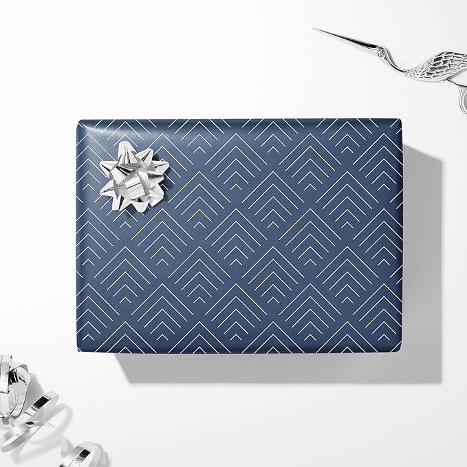 Wrapping Paper Flat 8 Sheets for Birthday, Holiday, Father'S Day, Weddings, Graduations, Navy Printed with Geometric Patterns, Checks, Stars, Spots 20 X 29 Inches Each