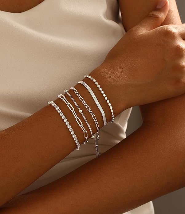 DEARMAY Dainty Silver Plated Bracelets for Women Trendy, Silver Jewelry Set for Women Bracelets for Women Paperclip Box Herringbone Figaro Rope Chain Bracelet Fashion Pack Gifts for Women