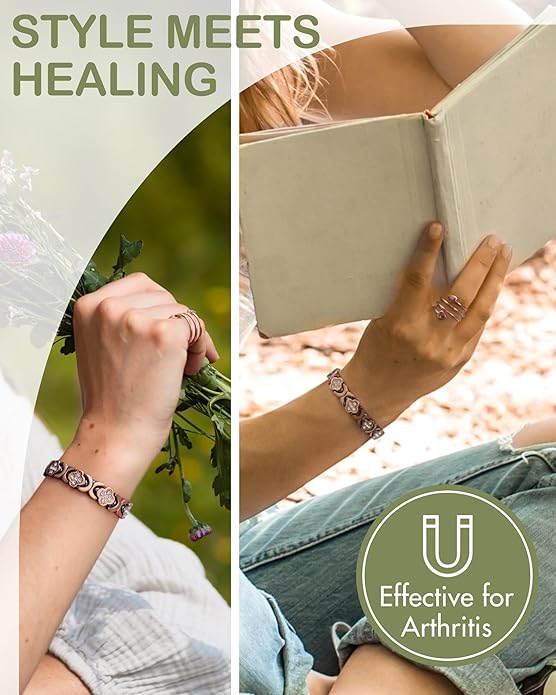 Feraco Pure Copper Bracelets & Rings for Women, Ultra Strength Magnetic Bracelet for Women with Neodymium Magnets & Sparkling Cubic Zirconia, Adjustable, Infinite Clover Jewelry