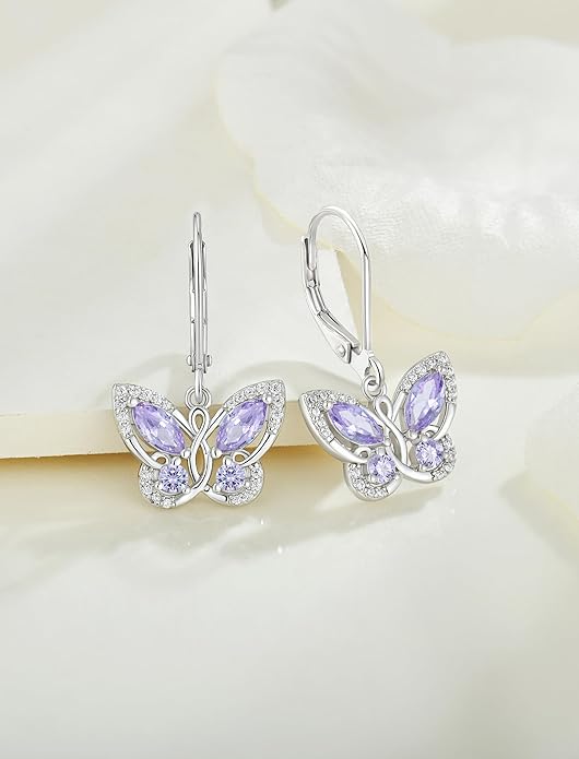 Starchenie Butterfly Earrings for Women 925 Sterling Silver Leverback Earrings Birthstone Butterfly Jewelry Gifts