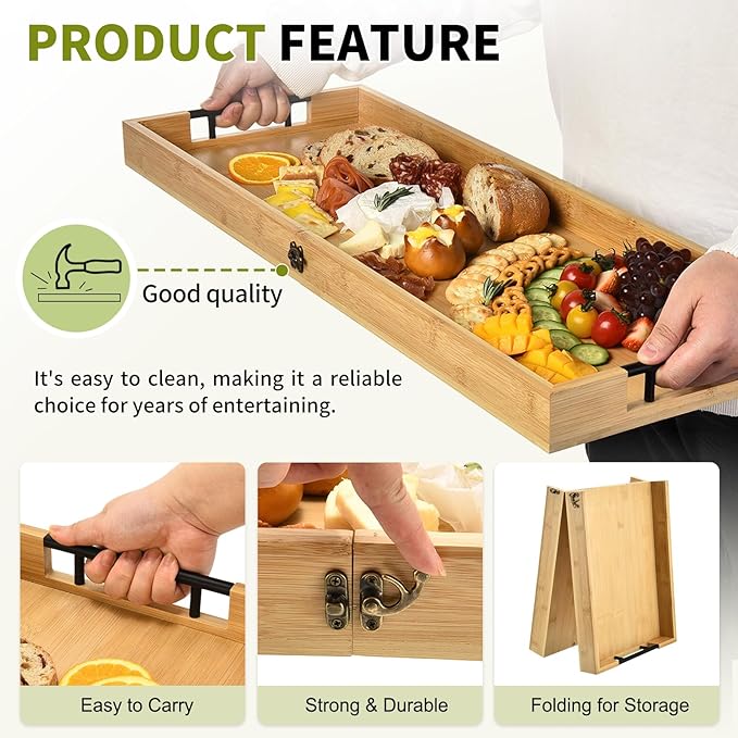 Large Charcuterie Board with Handles, 32 x 12 Inch Foldable Bamboo Serving Cheese Boards - Serving Platter for Meat, Party Appetizers, Outdoor & Fruit