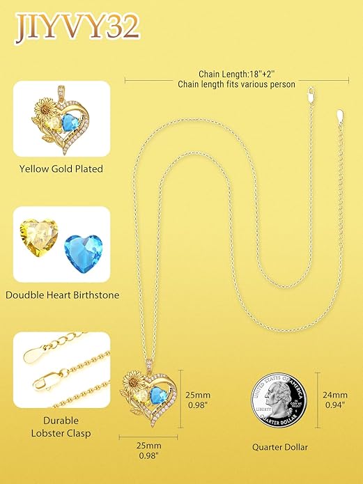Sunflower Heart Necklace for Women 14K Gold Exquisite Valentines Day Anniversary Birthday Gifts for Wife Mother Her Double Birthstone Pendant Jewelry‘You Are My Sunshine’