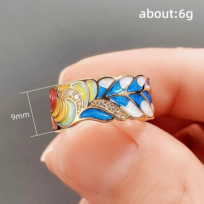 Women Tree of Life Lucky Flower Wide Band Ring Gold Pink Opal Green Enamel Resin Plated Dainty Tree Rhinestone Statement Thumb Index Full Finger Chunky Ring Party Crystal Vintage Jewelry