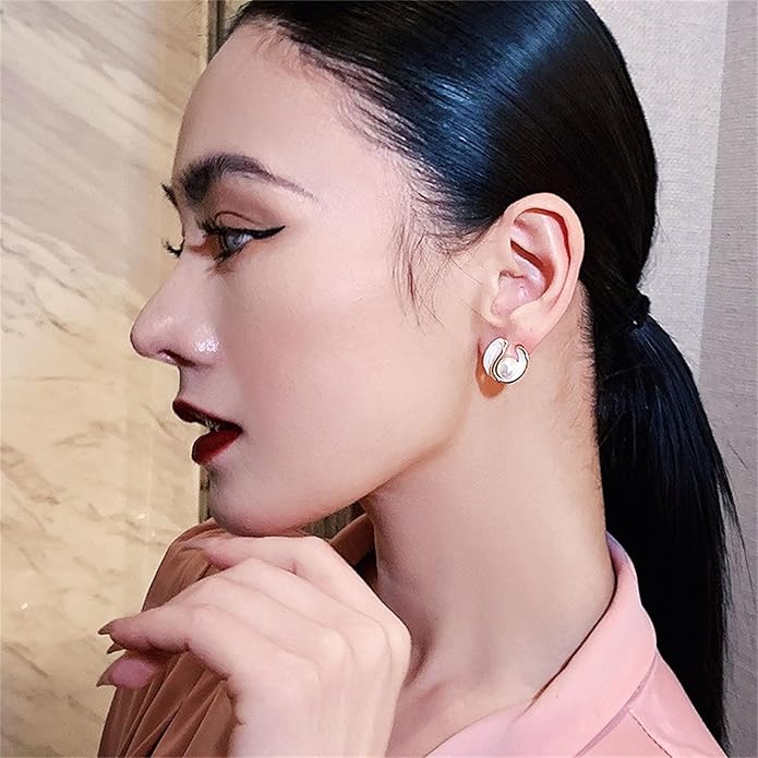 Pearl Stud Earrings for Women Stainless Steel Unique Statement Small Pearl Enamel Button Statement Vintage Earring Jewelry