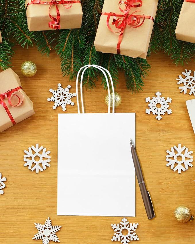 qiqee 200-Packs White Paper Gift Bags with Handles Bulk 4.5"x2.5"x6" Mini Size Paper Bags Multiple Uses
