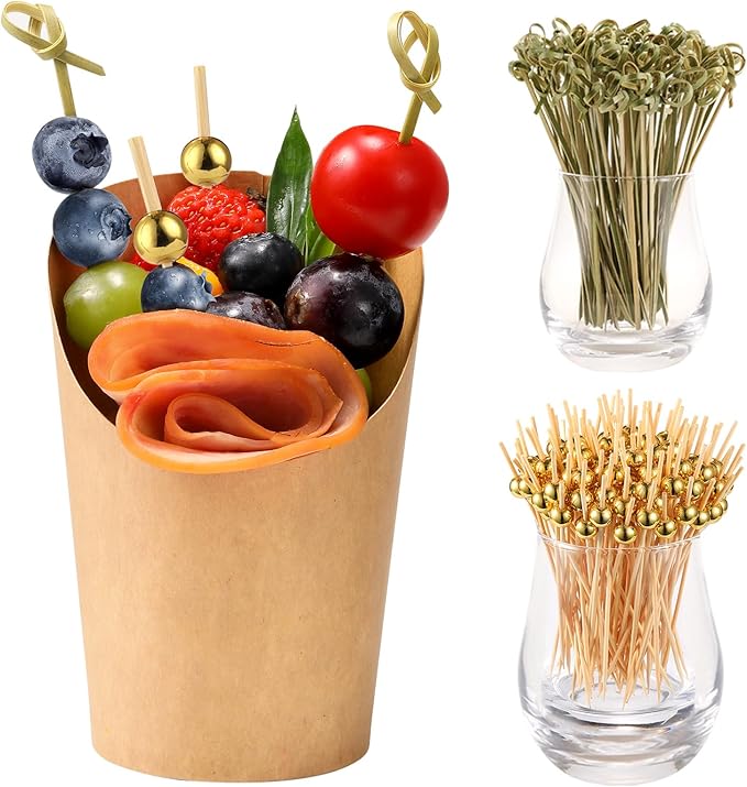 100 Pcs 12 oz Charcuterie Cups with Bamboo Skewers, Disposable Paper Appetizer Snack Holder Brown with Cocktail Picks (100 Cups + 200 Skewers)