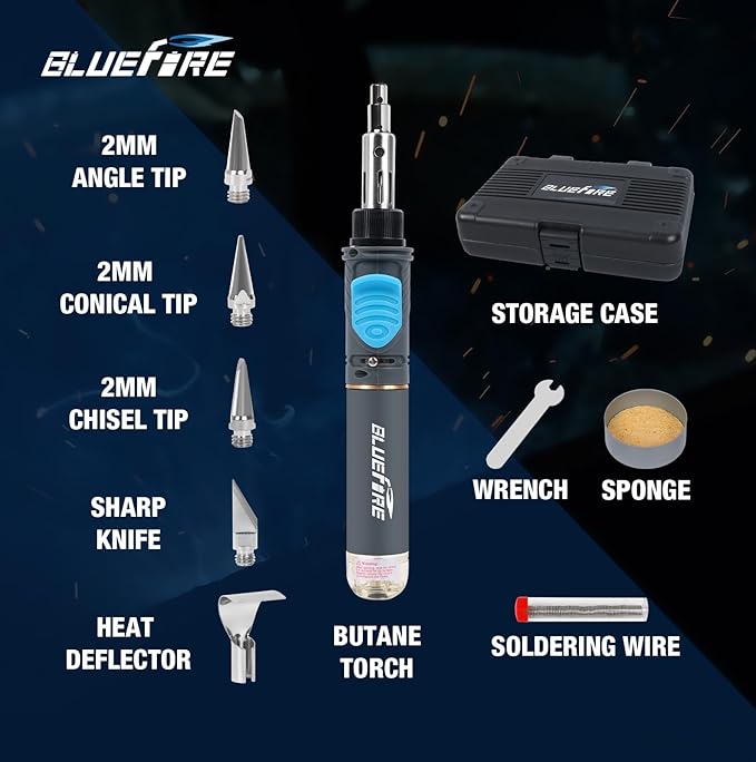 BLUEFIRE MRT-1117K Cordless Butane Soldering Iron Kit Portable Multi-Purpose Mini Torch for Electronics, Jewelry, Welding & Brazing|Self-Igniting,Flame Control,Light Weight,Rapid Heat Up,Inflatable