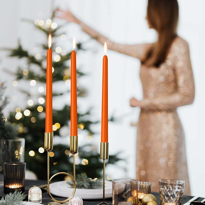 12 Pack Orange Taper Candles - Taper Candles 10 Inch Dripless, Smokeless & Unscented - 8 Hours Long Burning - Ideal for Weddings, Dinner Parties, and Home Decor