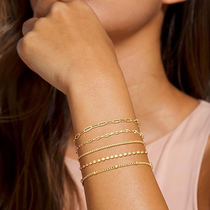 Gold Bracelets for Women, Trendy Adjustable 14K Gold Plated Stackable Link Bracelet, Dainty Thin Paperclip Chain Bracelets Stack Set