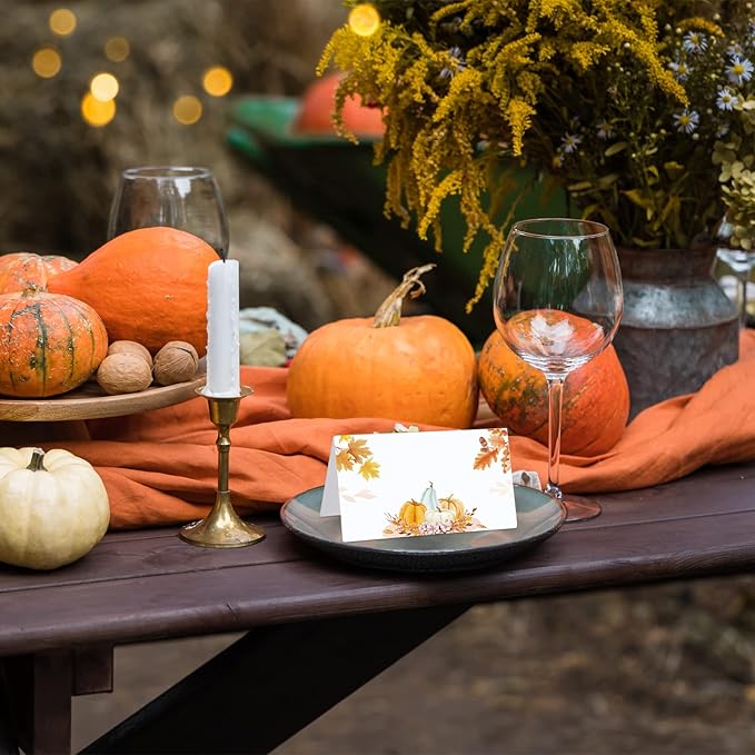 100 Pcs Thanksgiving Place Card Fall Table Place Card Pumpkin Place Card Guest Seating Tent Card Folded Name Card for Thanksgiving Bridal Shower Birthday Harvest Party Supplies, 3.5 x 3.9 Inch