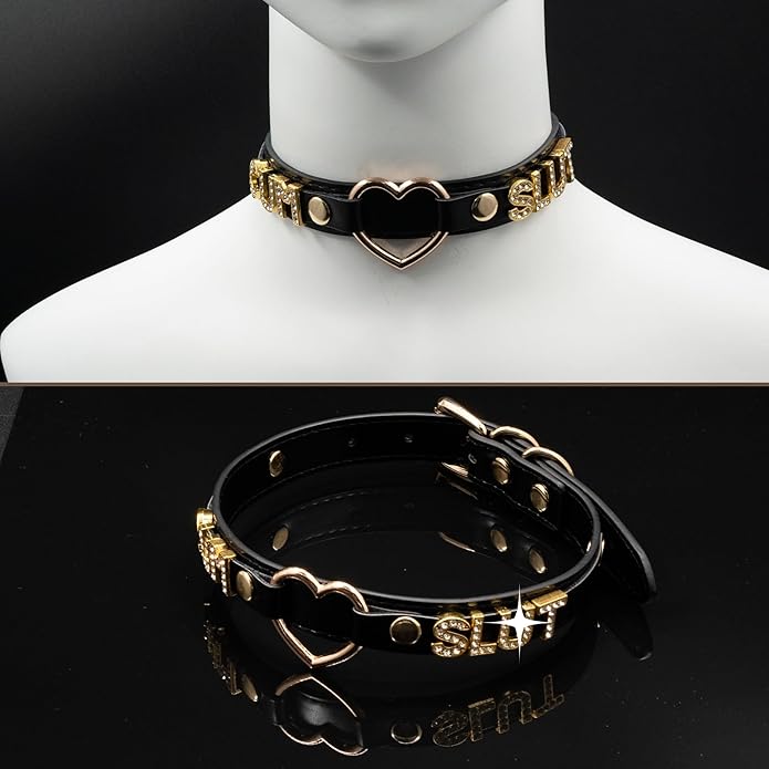 Handmade Gold Heart O-Ring Letter Choker Necklace for Women, Adjustable PU Leather Black/Pink Choker Collar For Women, Goth Choker Collars Necklace
