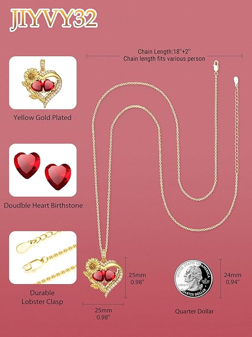 Sunflower Heart Necklace for Women 14K Gold Exquisite Valentines Day Anniversary Birthday Gifts for Wife Mother Her Double Birthstone Pendant Jewelry‘You Are My Sunshine’