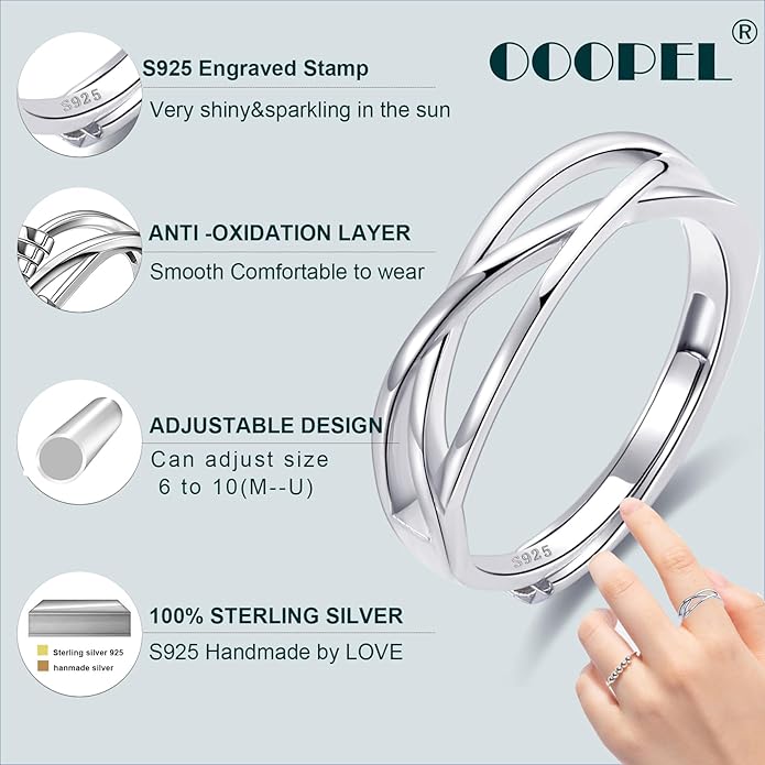 OOOPEL Sterling Silver Adjustable Ring S925 Silver Rings for Women Cubic Zirconia Twist Love Knot Dainty Ring Silver Minimalist Open Finger Rings Silver Thumb Sterling Silver Ring