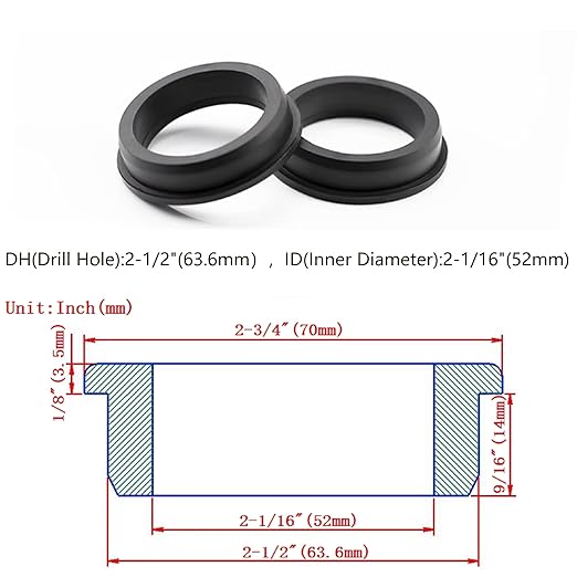 2 pcs 2-1/2" Drill Hole，2-1/16" ID Black Silicone Top hat Rubber Grommets for Wiring，Automotive，Firewall，Hole Plug，Desk，Screw，Water and Gas Pipe，Drain，House Siding，Cable Bushing，Glass，Wire Plug