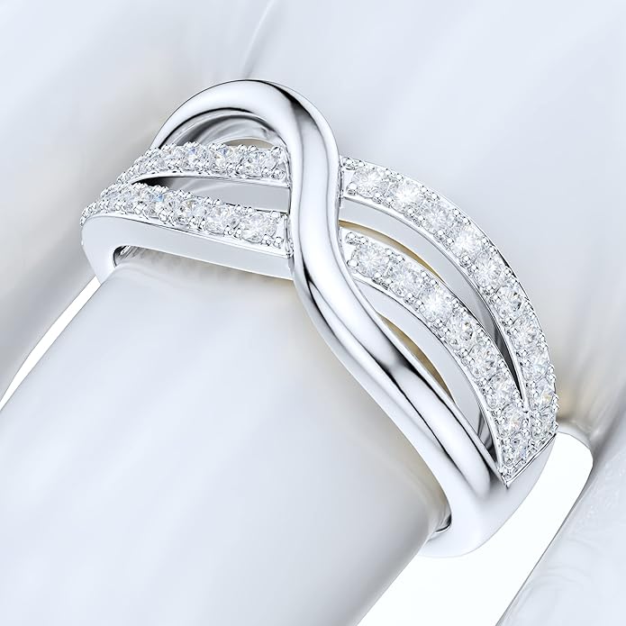 Sterling Silver Ribbon Bowknot Infinity Simulated Round Brilliant Cut Diamond or Genuine Moissanite Cross Twisted Knot Wedding Ring