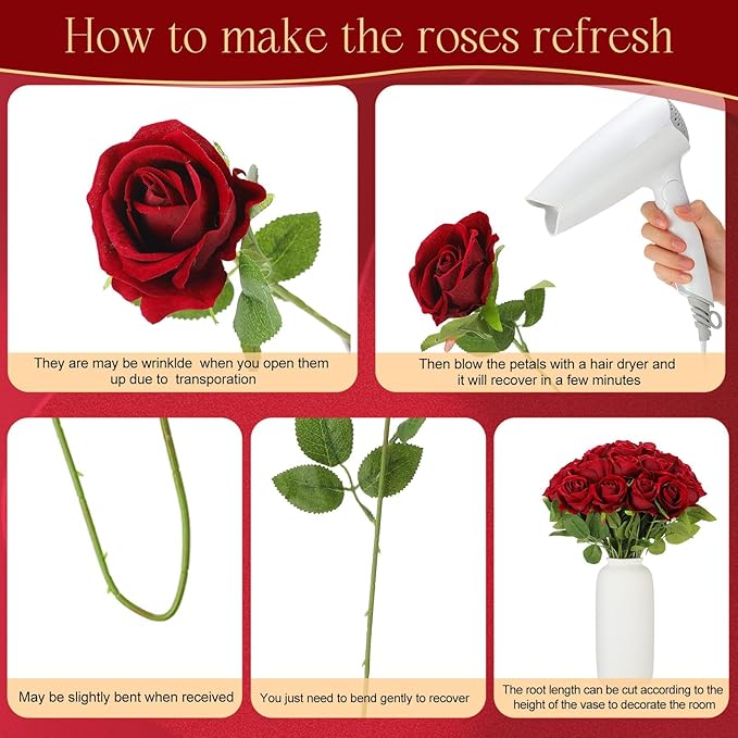 Hotop 80 Pcs Rose Artificial Flowers Bulk with Long Stem, Silk Roses Realistic Fake Flowers Bouquet for Wedding Table Centerpieces Bridal Shower Party Home Decorations(Burgundy)
