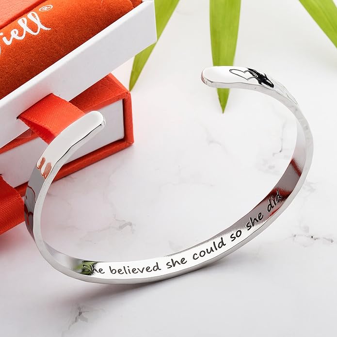 Carviell Engraved Cuff Bracelets for Women – Inspirational, Friendship, Love, Mom, Daughter, Sister, Christian, Graduation, Memorial & Wedding Gifts – 80+ Phrases – Stainless Steel, Gift-Ready