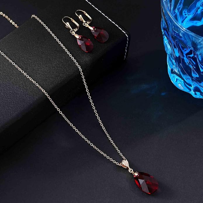 EVEVIC Austrian Crystals Teardrop Pendant Necklace Earrings for Women 14K Gold Plated Hypoallergenic Leverback Drop Dangle Earrings Jewelry Set