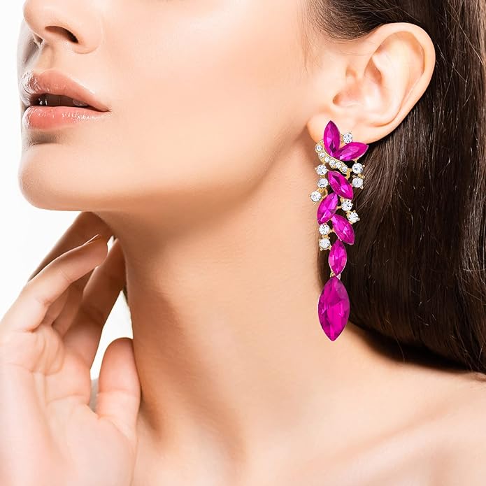 Art Deco Wedding Bridal Party Rhinestone Marquise Cluster Chandelier Long Dangle Statement Earrings