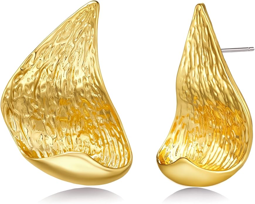 SNGIA18K Gold Plated Dangle Textured Ribbed Irregular Large Leaf Statement Earrings for Women by SNGIA, Handmade Dramatic Geometric Trendy Summer Drop Leaf Flower Jewelry Gifts, Bold Beachy Vintage Plant Fashion Drop Accessories, Vintage Nickle Free Fl...