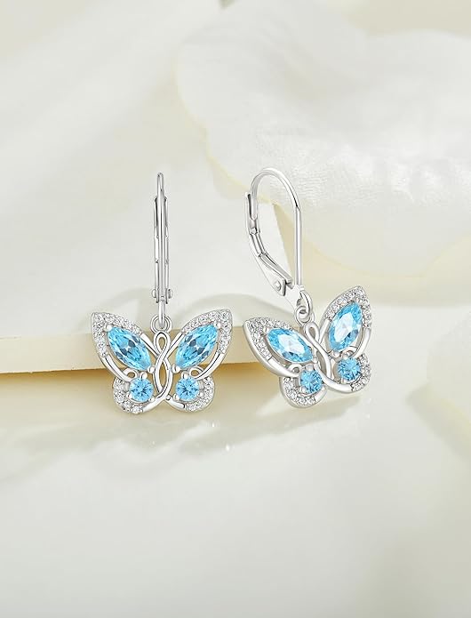 Starchenie Butterfly Earrings for Women 925 Sterling Silver Leverback Earrings Birthstone Butterfly Jewelry Gifts