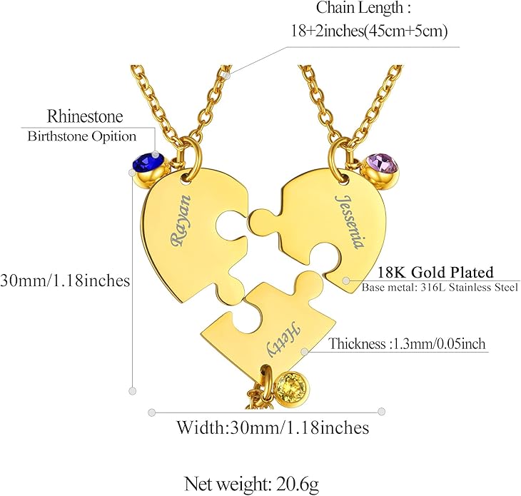 FindChic Personalized Matching BFF Necklace for 2/3/4/5/6 Puzzle Name Heart Pendant Stainless Steel Couple Necklace Set Customized Necklaces for Teen Girls