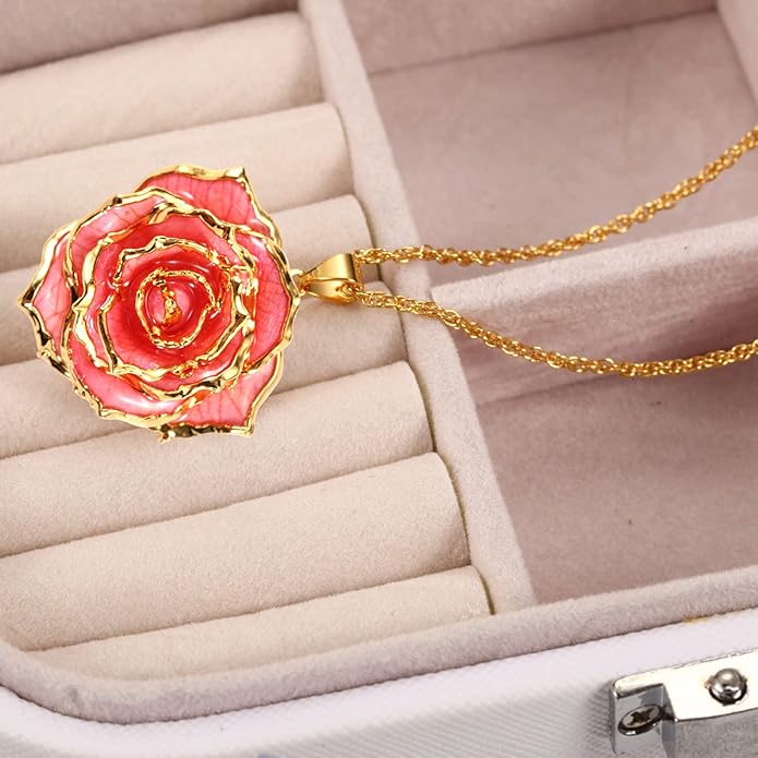 AliveRose Real Rose Gold Dipped Necklace Gifts for Women, 24K Gold Dipped Rose Pendant Necklace Jewelry Mothers Day Anniversaries Birthday Christmas Special Occasions Gifts for Her Mom Wife