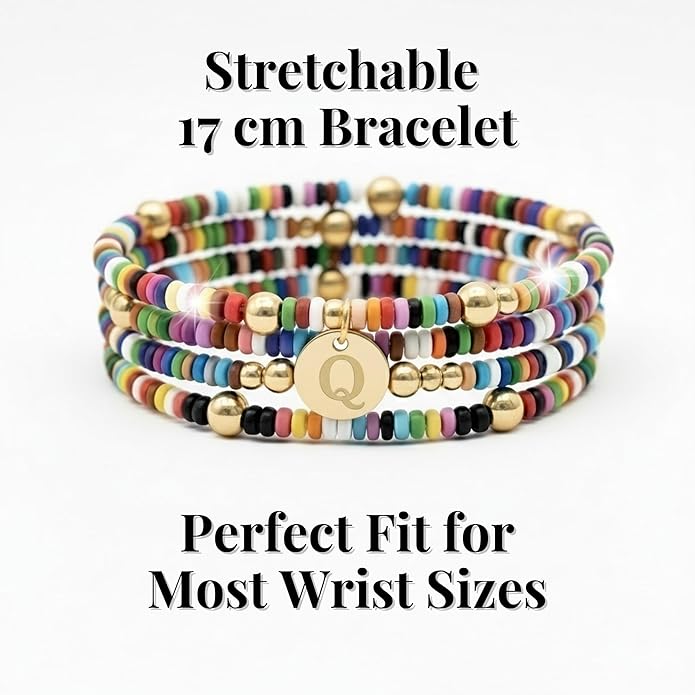 Set of 4 Colorful Bead Initial Bracelets, Personalized Stackable Jewelry, Adjustable Stretchy Charm Bracelets for Women, Beaded Bracelet Set, Trendy Custom Jewelry Gift