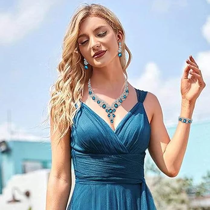 BriLove Women's Wedding Bridal Austrian Crystal Teardrop Flower Cluster Statement Necklace Dangle Earrings Jewelry Set for Party Prom