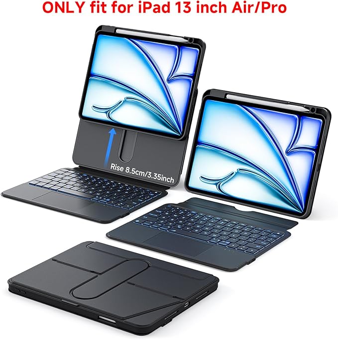 ONLY fit for iPad 12.9 inch Pro 6/5/4/3rd Gen & 13 inch iPad Air (2025 M3, 2024 M2) Case with Detachable Keyboard Trackpad, 360 Rotate Cover Pencil Holder 12 Shortcut Key 7 Color Backlit, Black