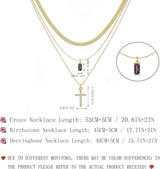 3Pcs Gold Layered Necklaces for Women, 14K Gold Plated Cross Necklace, Dainty Birthstone Necklace for Women, Herringbone Gold Necklaces Set, Stackable Women's Gold Pendant Necklaces Jewelry Set