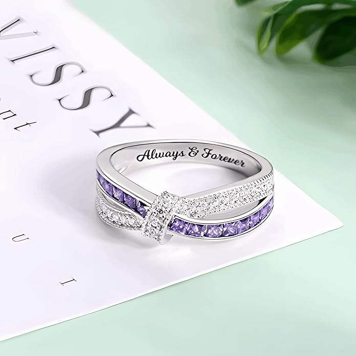 Silver Rings Personalized Engraved Cross-Finger Birthstone Ring Sterling Silver 925 Promise Ring for Her Wedding Band Ring Engagement Ring
