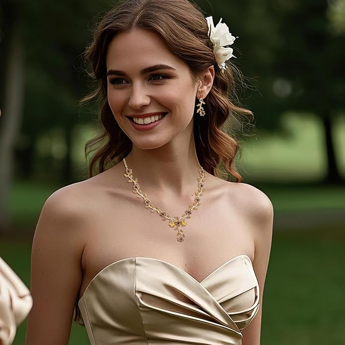 BriLove Women's Wedding Jewelry Leaf Cluster Flower Crystal Dangle Earrings Pendant Necklace Set for Bridal