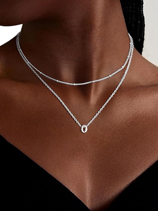 ChicSilver Layered Initial Necklace for Women, 925 Sterling Silver Personalized Letter A-Z Pendant Necklaces, Hypoallergenic Silver Choker with Adjustable 16" Rolo Chain, Dainty Birthday jewelry