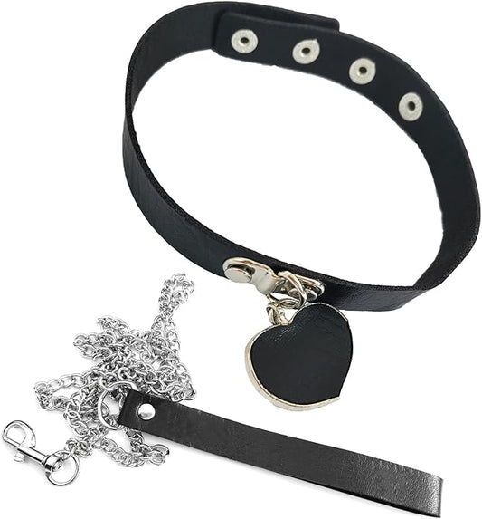 Gothic Heart Pendant Choker Necklace with Chain, Black Leather Collar, Silver Metal Hardware