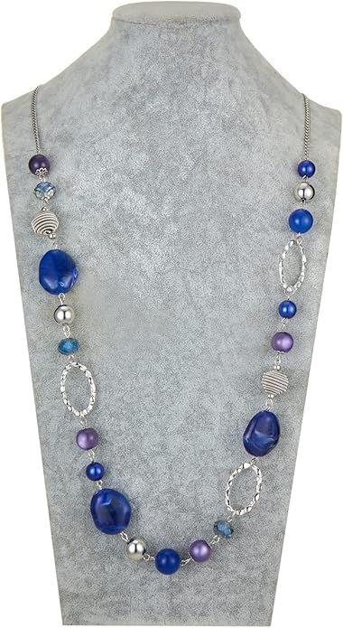 BULINLIN Beaded Long Necklace for Women Silver Sweater Chain Necklace with Crystal Resin Beads, Fashion Jewelry Necklace