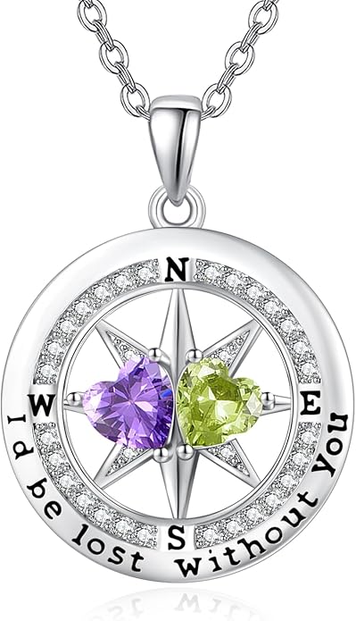 Compass Necklace for Women, Exquisite S925 Valentines Day Anniversary Birthday Gifts for Wife Her Double Birthstone Pendant Jewelry ‘I'd be Lost Without You’