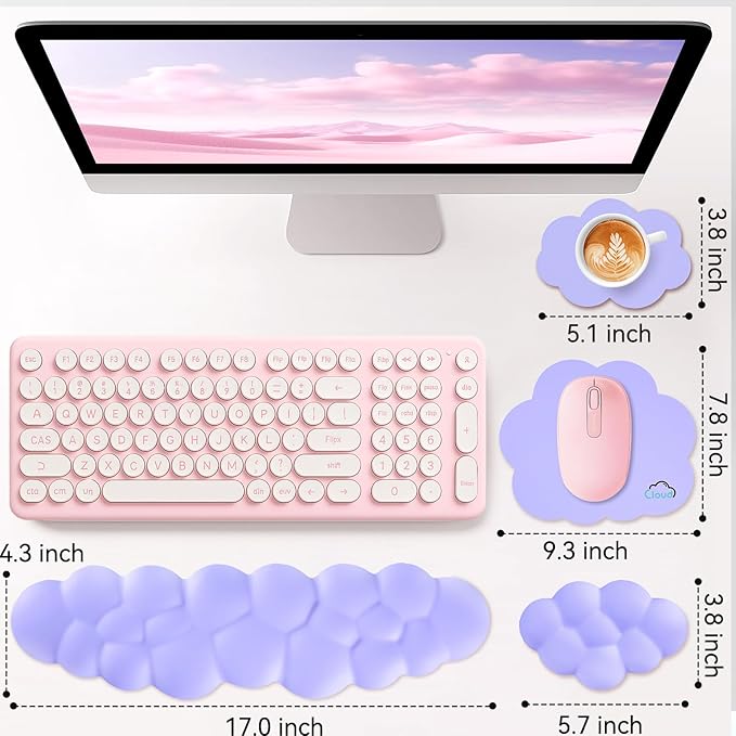 Cloud Wrist Rest for Computer Keyboard, 4-in-1 Memory Foam Leather Cloud Keyboard Wrist Rest and Mouse Pad Set with Ergonomic Support for Arm and Palm Cushion, Gaming/Work Setup, Purple