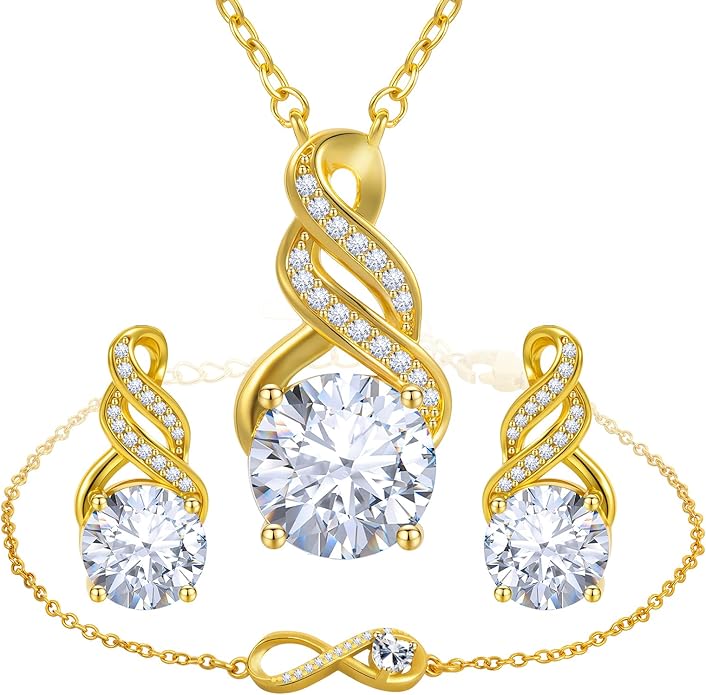 Jewelry Sets for Women-18K Gold Plated Dainty Birthstone Pendant,Trendy Necklace Earrings Infinity Bracelets Set,Ideal Jewelry Gifts for Her Mom