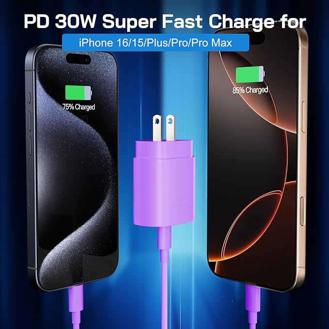 30W USB C i Phone 16 15 Charger Fast Charging, 2PACK Wall Charger for iPhone 16 15 Pro Max Charger Cord 10FT Fast Type C Charger Block for iPhone 16/16 Pro/15 Plus/15 Pro/15 Pro Max, iPad Pro, Purple
